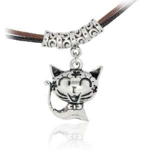 18 Inch Hollow Out Kitty Pendant Braided Layered Leather Cord Necklace 
