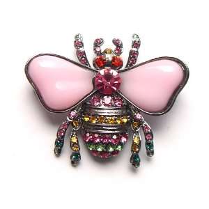   Multi Crystal Rhinestone Pink Enamel Wings Housefly Insect Pin Brooch