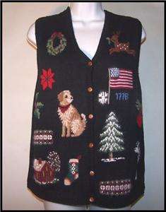 Womens Marisa Christina Christmas Dog Theme Sweater Vest Sz L Black 