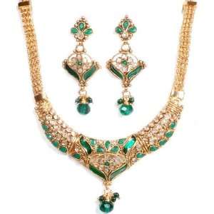 Polki Meenakari Necklace and Earrings Set with Faux Emeralds   Copper 