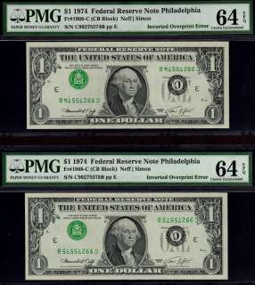   INVERTED OVERPRINT ERROR RUN OF 6 PMG 64 EPQ 4 INVERTS WITH BOOKENDS