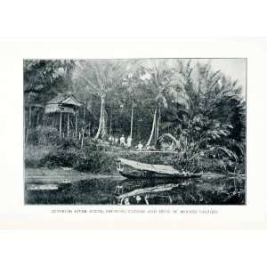 1902 Print Boreneo Indiginous People Canoe Hut River Southeast Asia 