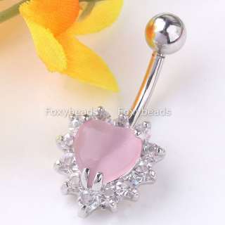 14G PINK Cats Eye Stone Crystal Heart Navel Ring New*1  