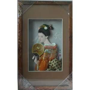  Japanese Geisha Frame with Orange Kimono and Fan (Rec4 