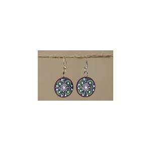 Circle Shape with Flower Colorful Painted Purple Metal Earrings 