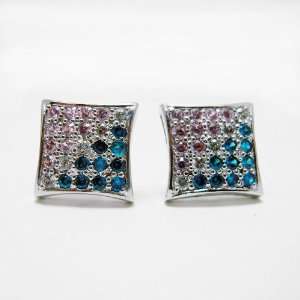  Sterling Silver Micro Pave Square Box Studs Earrings with Diagonal 