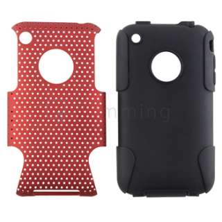 Black Silicone Skin Soft Gel / Red Meshed Hard Case Cover For iPhone 3 