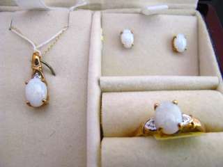 Genuine Opal & Diamond Ring, Pendant, Chain & Earrings 10k YG Boxed 