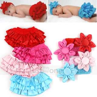 Baby Girls 3 layers Ruffle Bloomers Nappy Cover Pant Skirt + Flower 