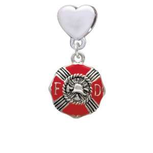 Red Enamel Fire Department Medallion European Heart Charm Dangle Bead 