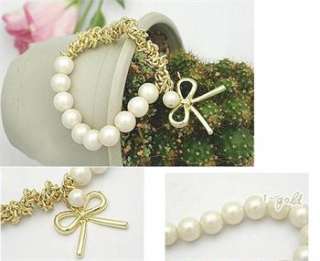 Fashion Lovely Cute Pearl Bowknot Bangle Bracelet k06 white Pearl+ 