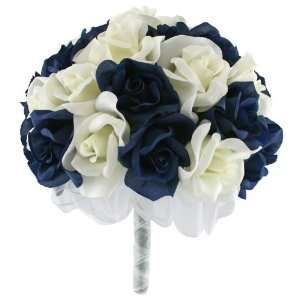 Navy and Ivory Silk Rose Hand Tie (3 Dozen Roses)   Wedding Bouquet