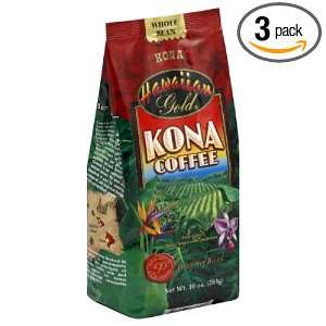 Hawaiian Gold Gold Kona Whole Bean Coffeee, 10   Ounce Bag(Pack of 3 