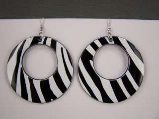 Black White zebra stripe pattern dangle disc earrings 3 long 2.25 