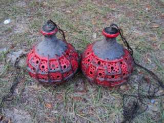Pair of Two 1960s 1970s Red Retro CERAMIC HANGING SWAG LAMPS  