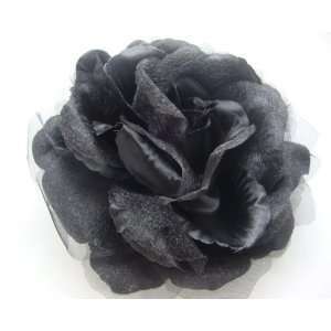  Large Black Shimmer Rose Hair Flower Clip 