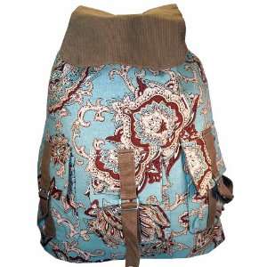  blue hippie inspired backpack with floral design