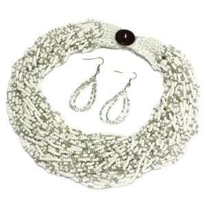  Beaded Layer Necklace Set; 16L; Beige And Silver Beads; Crochet 