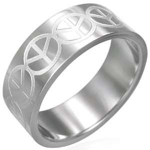  Mission 8mm Stainless Steel Peace Sign Flat Band Ring 