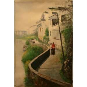 com Original Chinese Oil Painting  Couple Walking Along Canal   Hand 