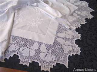 Antique Linen Table Cloth Wide Hand Crochet Lace White Embroidery 
