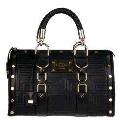Versace Black Leather Stitched Bowler Bag  