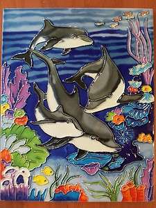 New Handmade Ceramic Tile Wall Art Dophins Under the Sea 11x14 