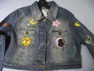 Buttons Painted Girls Short Jean Jacket Size Medium  