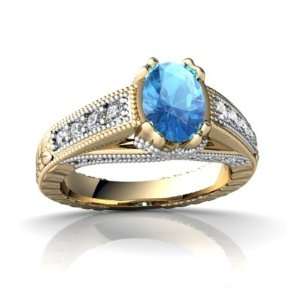   Yellow Gold Oval Genuine Blue Topaz Antique Style Ring Size 9 Jewelry