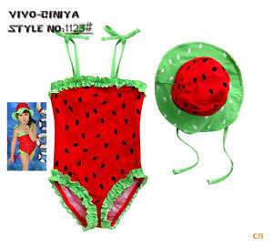 NWT Girls Watermelon One Pc Swimsuits w/Cap Red 2T 6T  