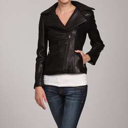 Jones New York Womens Black Leather Motorcycle Jacket  