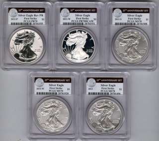 2011 25th Anniversary Silver Eagle 5 Coin Set PCGS MS70 PF70 First 