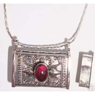Large Silver Garnet Prayer Box Locket God Wish Pendant  EE Jewelry 