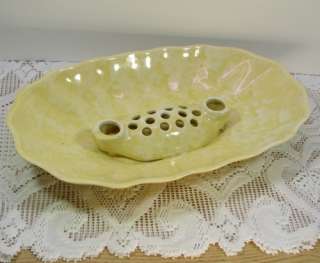Art Pottery Spatter Ware Flower Frog Bowl Yellow/White w/Candle 
