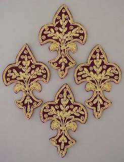   Embroidered Appliques. Fleur De Lis. Burgundy with Gold Bullion  