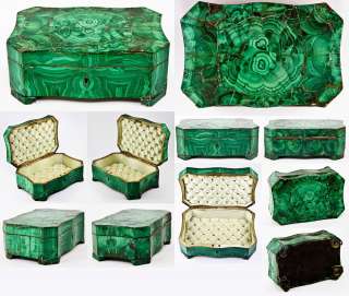   Russian Malachite Pietra Dura Jewelry Box, Casket, Coffret with Silk
