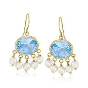   Blue Topaz, Pearl Dangle Earrings In 14kt Yellow Gold Jewelry