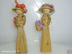 Vintage Pair of Woven Straw type material 5 Tall Dolls  