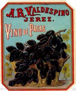 VINO De PASAS ~A R VALDESPINO Antique WINE Bottle LABEL  