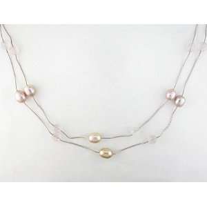  Water Pearl Round Faceted Rose Quartz and Pink Necklace With Snake 
