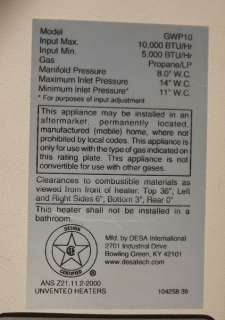 Glo Warm GWP10 LP Propane 10K BTU Wall Mount Space Room Heater  