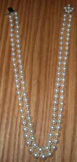   Antique Estate 14K+diamond clasp double strand 6 9mm pearl necklace