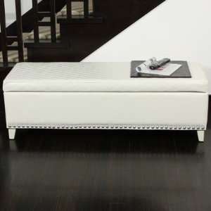   Bonded Leather Quilted Storage Ottoman Bench in White: Home & Kitchen