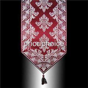   BURGUNDY SILVER DAMASK POLYESTER DECORATIVE TABLE RUNNER CLOTH  