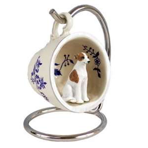  Whippet Blue Tea Cup Dog Ornament   Brindle & White