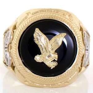    14K Solid Gold Two Tone Onyx Eagle CZ Stone Mens Ring: Jewelry
