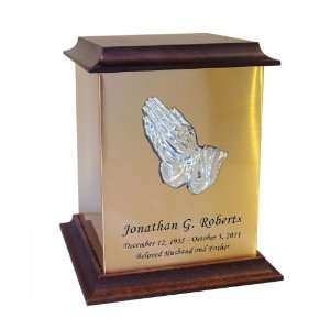 Praying Hands Sheet Bronze With Walnut Trim Snap Top Cremation Urn