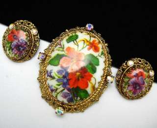 Vtg West Germany Floral Brooch Earrings Set Demi Flower  