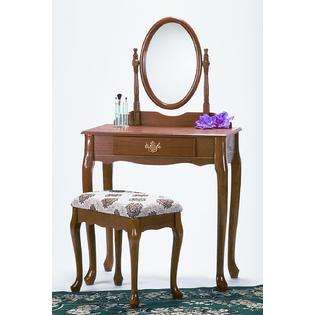 FurnitureMaxx Traditional Oak Finish Wood Vanity Table, Mirror and 