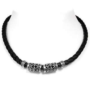  Mens Stainless Steel Necklace on Braided Black Leather 